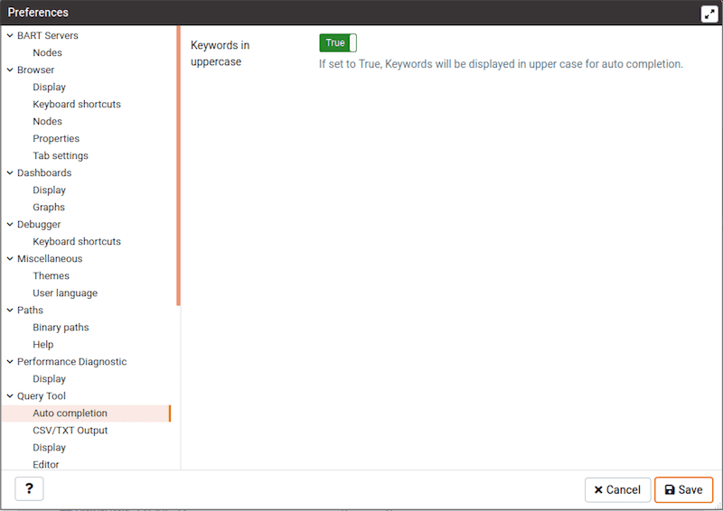 Preferences dialog - Query tool Auto completion option